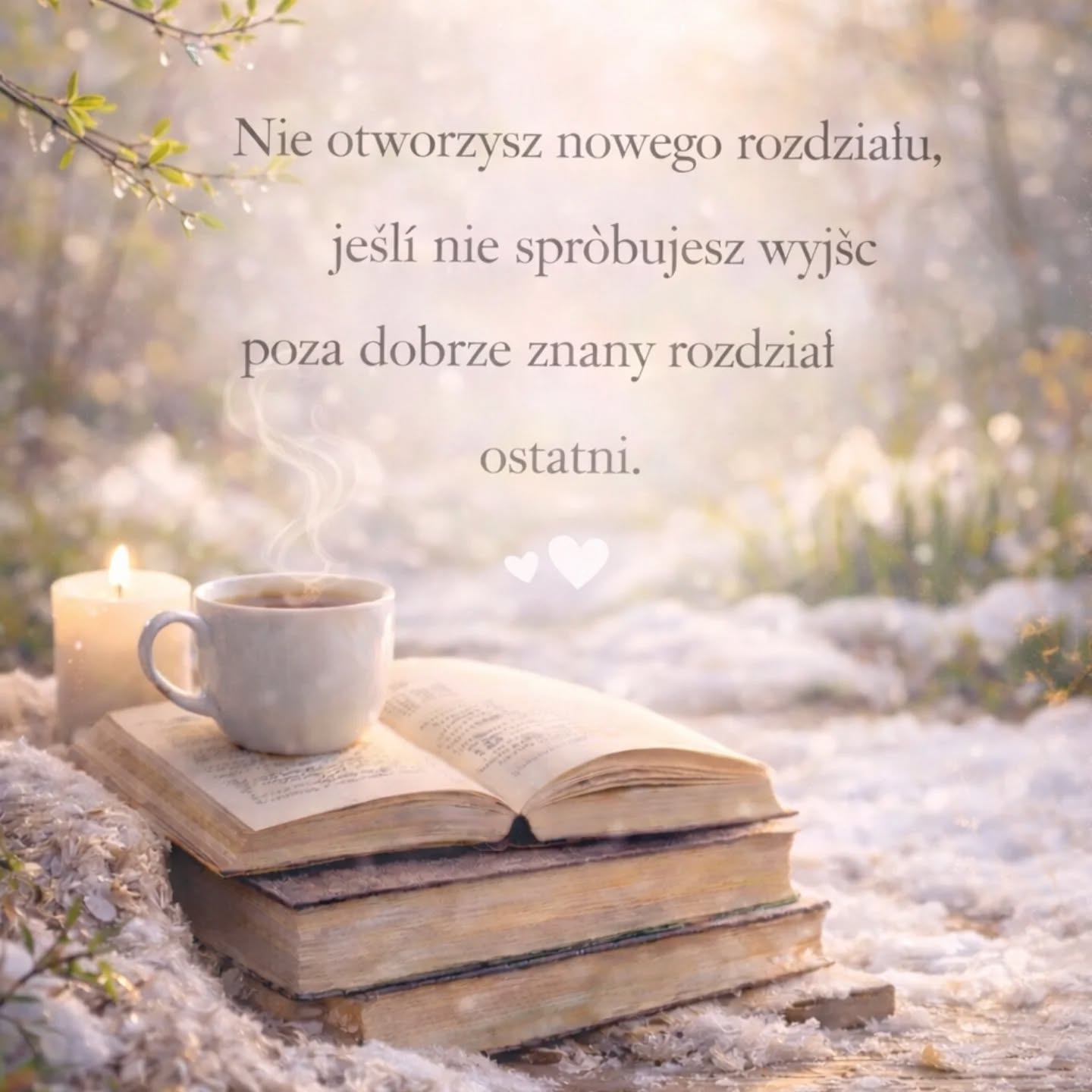 „Nie otworzysz nowego rozdziału, jeśli nie spróbujesz wyjść poza dobrze znany rozdział ostatni.”

Może dlatego tak lubię książki.

One zawsze przypominają, że każda historia ma ciąg dalszy, nawet jeśli jeszcze go nie widzimy.

Marzec trochę tak właśnie działa.

Jeszcze zimno, jeszcze znajomo… a jednak coś powoli się zmienia.

A wiosną czas na otwieranie okien i powolne porządki. 

#zimowemyśli #marzec #march #mwk