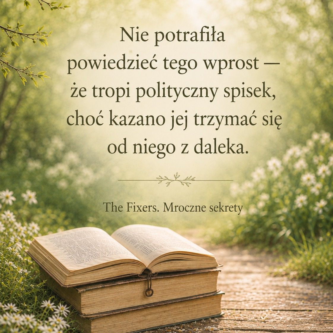 🍀-"Co ty sobie wyobrażałaś?”
Zdanie “Zbierałam informacje o spisku politycznym, od którego kazałaś mi się trzymać z daleka”, jakoś nie chciało mi przejść przez usta." 🍀

The Fixers. Mroczne sekrety 

Czasem są takie książki, które otulają mrokiem tajemnic, a ty za nic w świecie nie chcesz ominąć żadnej z nich. 
Czuje się zawładnięta fabułą, bohaterami i klimatem...

#mrocznesekrety #thefixers #mustread #jenniferlynnbarnes #maj
