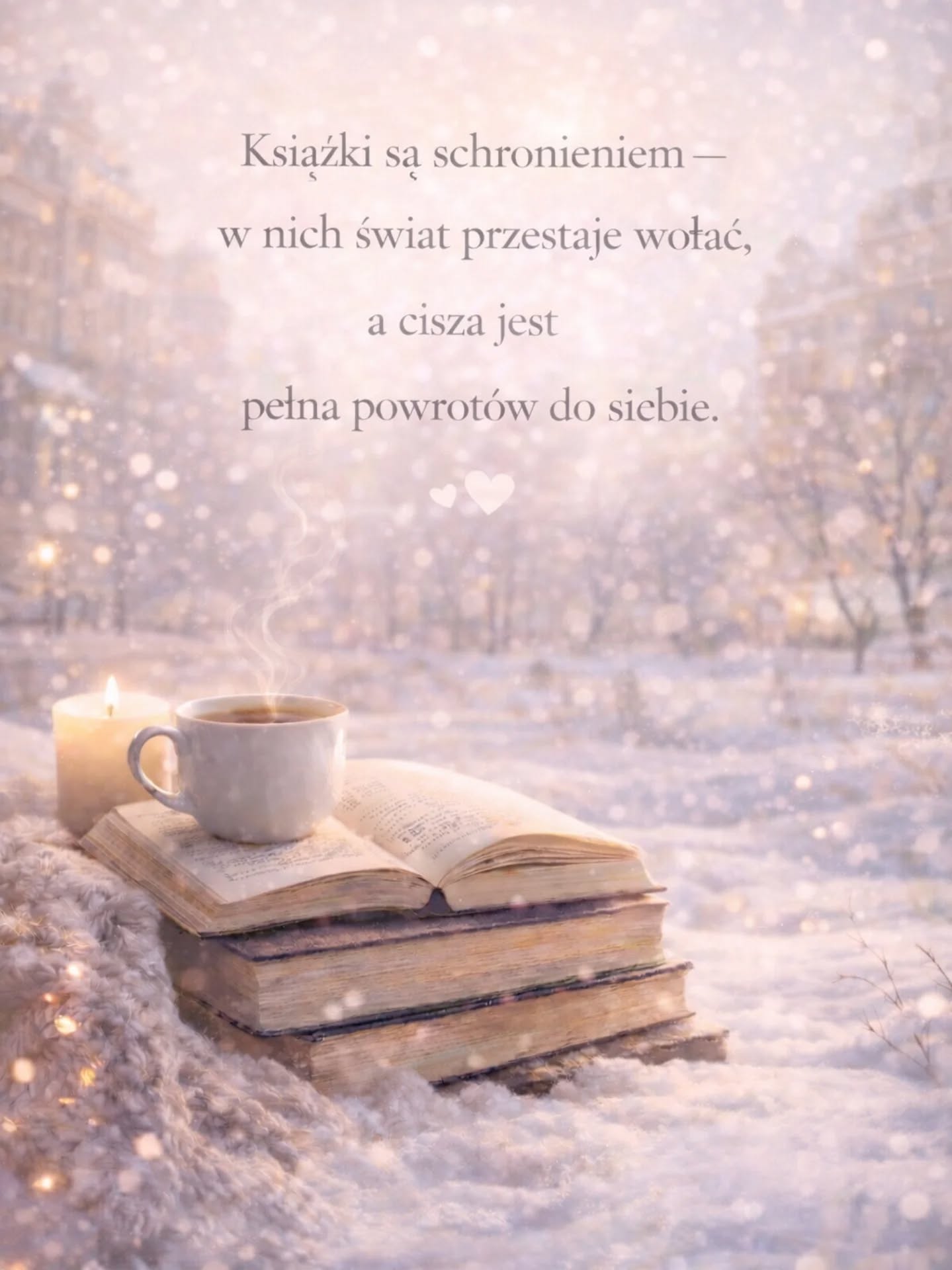 ❄️📖Książki są schronieniem-w nich świat przestaje wołać, a cisza jest pełna powrotów do siebie.❄️📖

Są dni, kiedy naprawdę tego potrzebuję.
Jednej strony. 
Jednego zdania.
Jednej chwili, w której nikt niczego ode mnie nie chce.
Czytanie nie zmienia świata.
Ale pomaga mi wrócić do niego spokojniejszą.
A Ty gdzie dziś znajdujesz swoje schronienie? 🤍📖