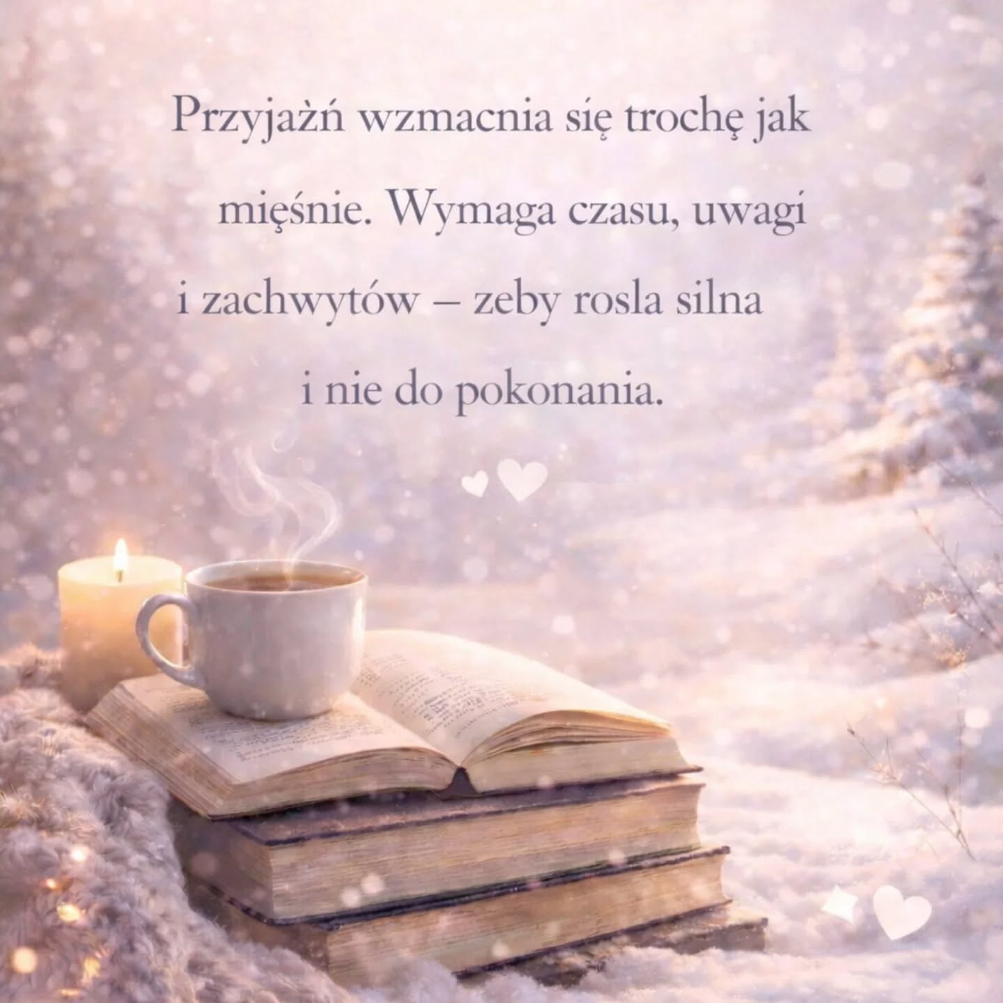 „Przyjaźń wzmacnia się trochę jak mięśnie.
Wymaga czasu, uwagi i zachwytów-
żeby rosła silna i nie do pokonania.”

📖❄️
Przyjaźń nie dzieje się „przy okazji”.
Rodzi się z czasu, uważności i drobnych gestów, które mówią: jestem tu.
Czasem wystarczy jedna wiadomość, jedno spotkanie, jedno przypomnienie, że ktoś jest ważny. Rozmowy nie mają końca i początku. 

Dbasz o swoją przyjaźń? 🤍 Odezwij się do kogoś kogo kochasz 🫂

#friendship #february #mwk #zimowemyśli